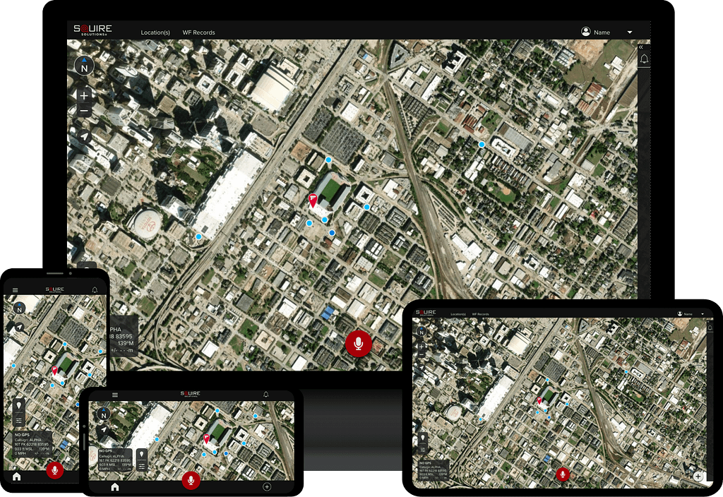 Squire Solutions application shown on multiple devices, computer, laptop, tablet and phone.