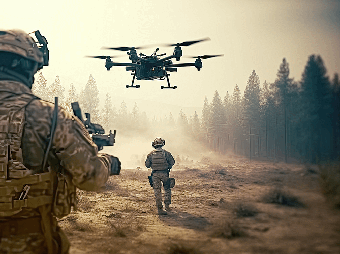Military soldiers operating drone while on patrol