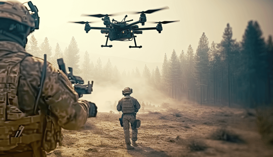 Military soldiers operating drone while on patrol